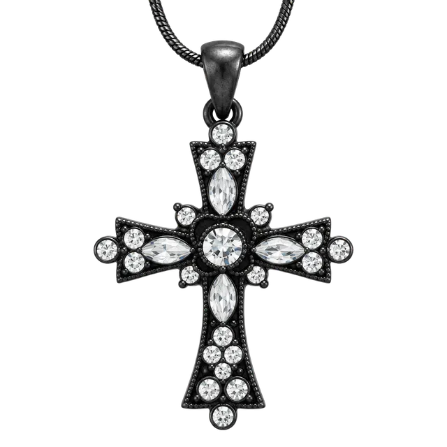 Ornate Rhinestone Cross Pendant Necklace black 