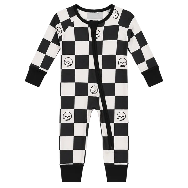 Lazy Bones Footed Sleeper NB Black White Skull Checkered