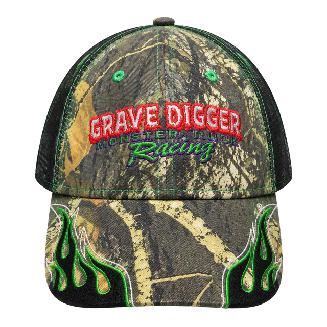 Monster Jam Grave Digger Racing Flames Camo Mesh Trucker Hat