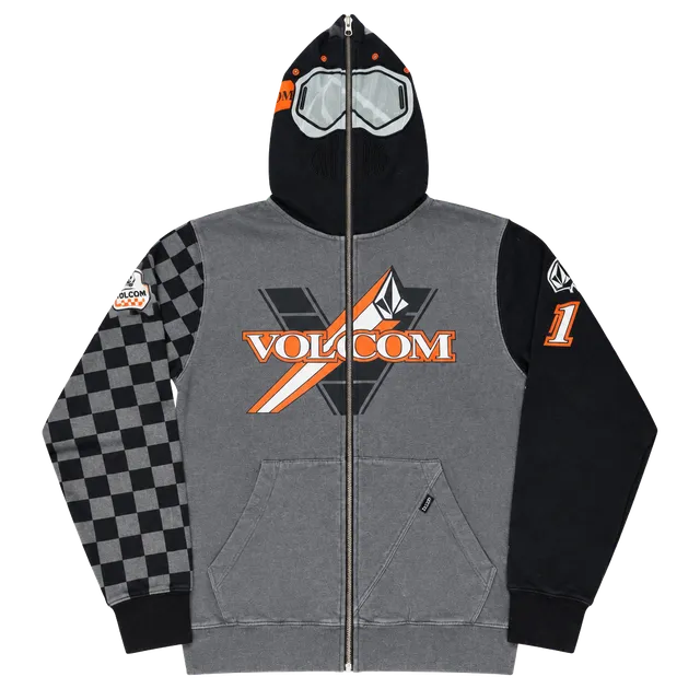 Youth XL Volcom Full Zip Hoodie Face Mask Goggles Checkered Gray Orange