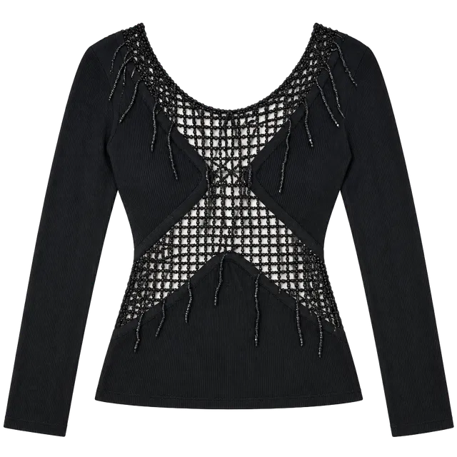 Italian Beaded Top Black Long Sleeve Vintage