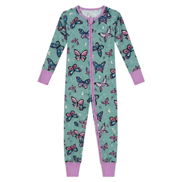 Lazy Bones 2way Zipper Pajama Convertible Foot Blue Purple Butterfly Size 18-24M