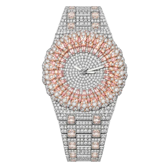Silver & Rose Gold Iced Out Rhinestone Fashion Watch – Sunburst Bezel