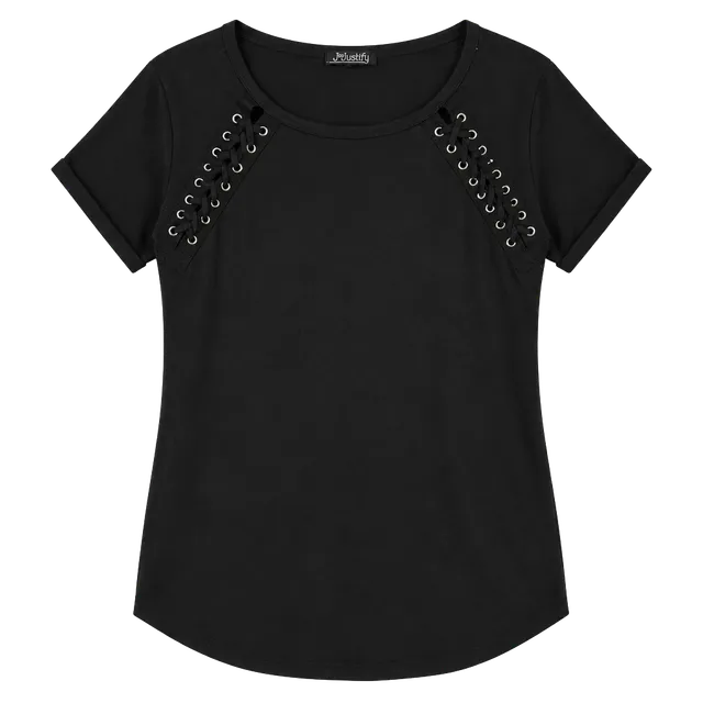 J for Justify Top Size XL Black Grommet Lace Up Shoulders Short Sleeve