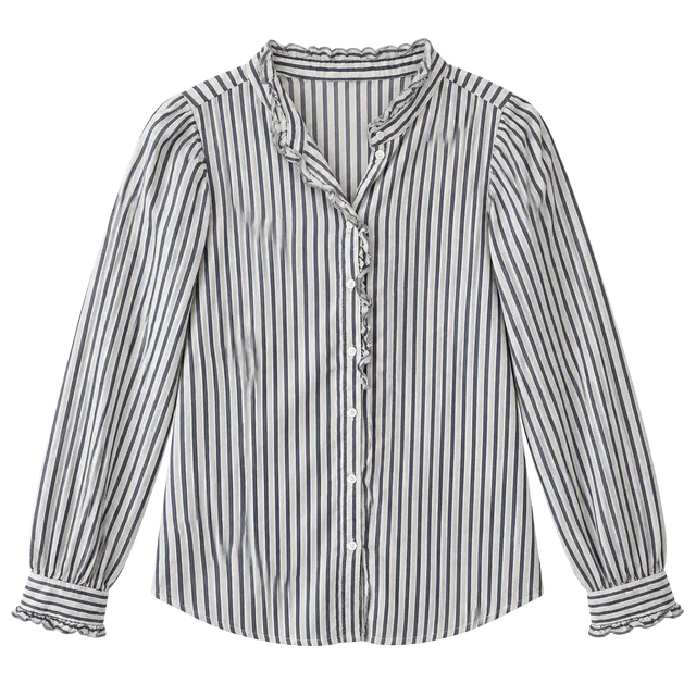 H&M Ruffle Collar Blouse Size M Blue White Striped Long Sleeve Shirt