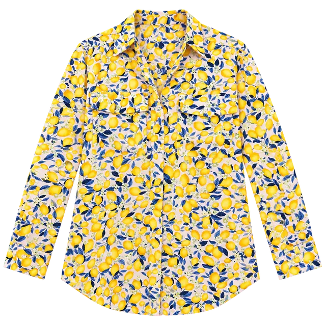 Ann Taylor Lemon Print Long Sleeve Blouse Size XL