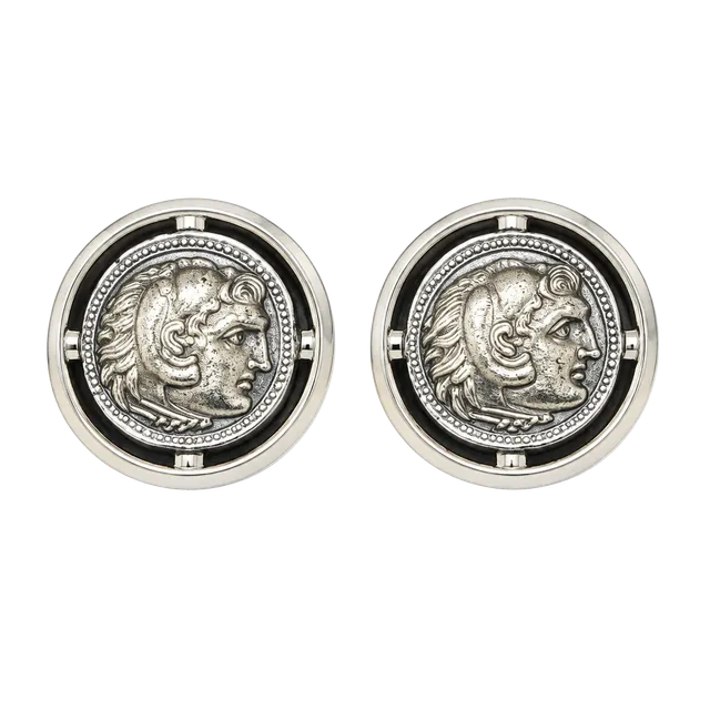 Vintage 1970s Roman Coin Cufflinks Silver Tone Greek Alexander The Great