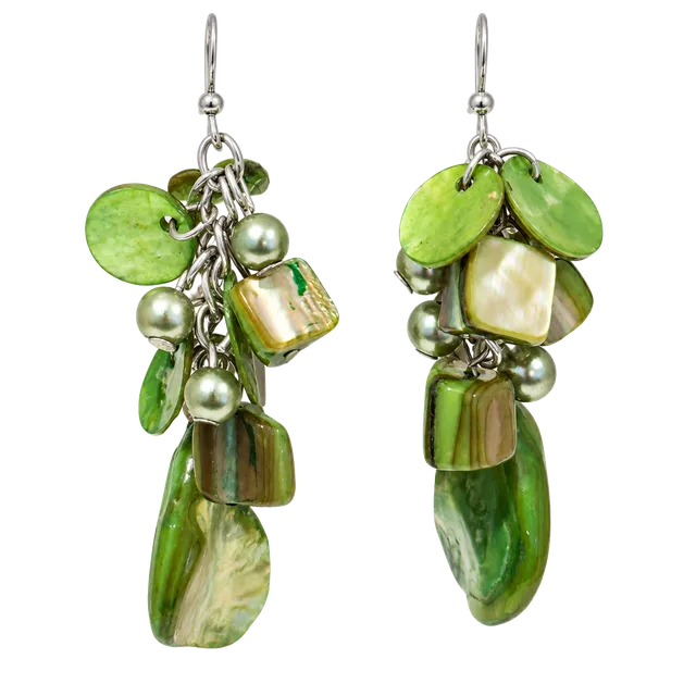 Green Shell Pearl Cluster Dangle Earrings