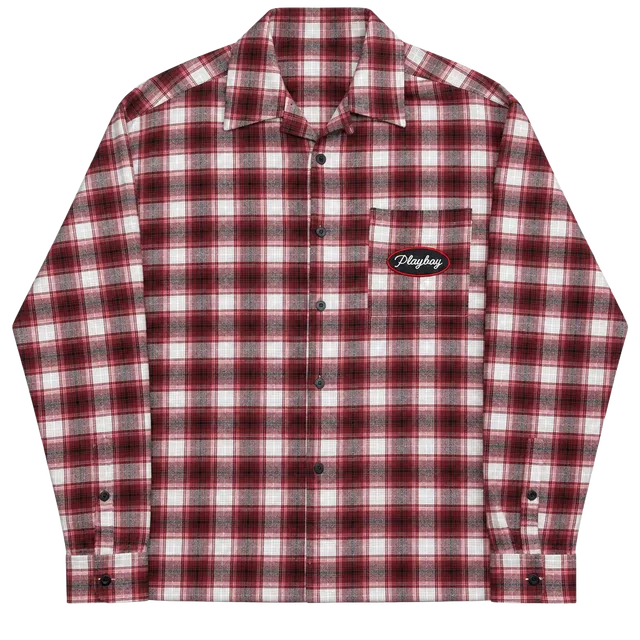 Playboy Plaid Flannel Shirt Size L Red White Embroidered Patch