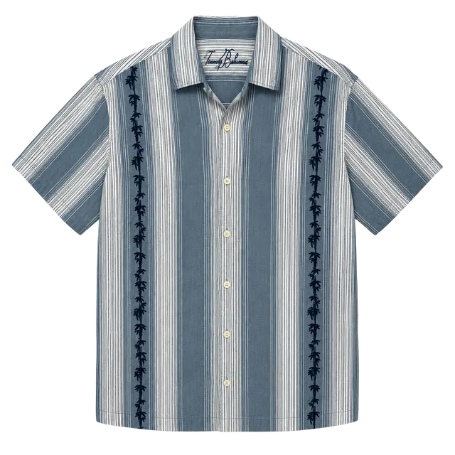Tommy Bahama Palm Tree Hawaiian Blue Short Sleeve stripe Button Up Shirt Men's M