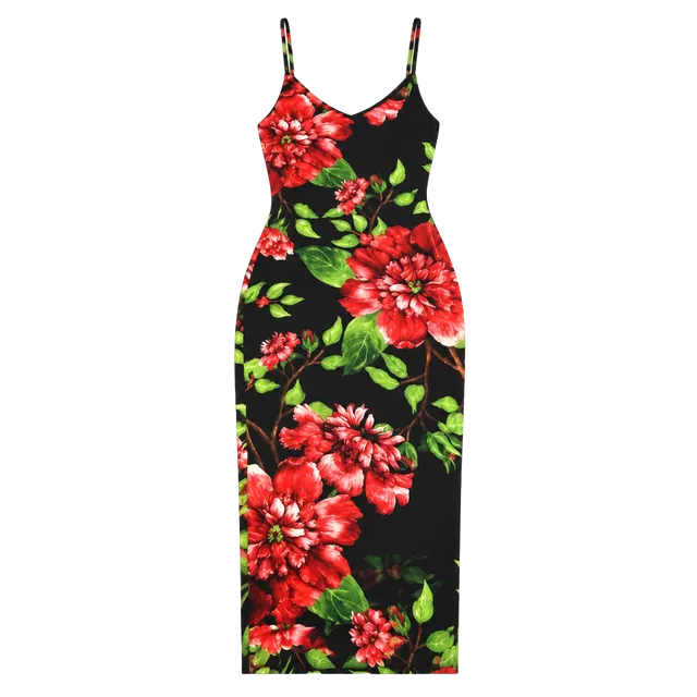 Glare Floral Midi Dress Black Red