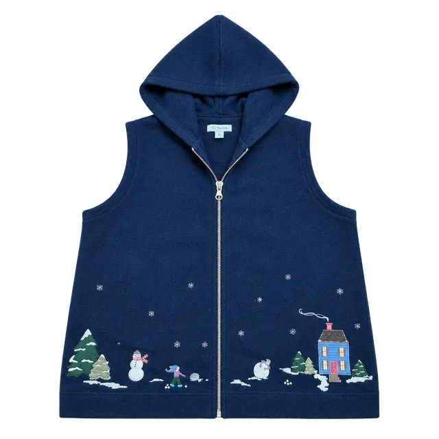 C.J. Banks Fleece Hooded Vest Size X Blue Winter Scene Embroidered