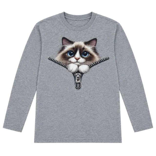 Port & Company Cat Zipper Graphic Long Sleeve T-Shirt Size Large Grey