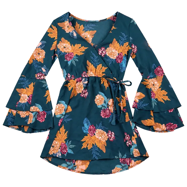Boho Hint of Blush Floral Wrap Dress Size S Dark Teal Bell Sleeve Tassel