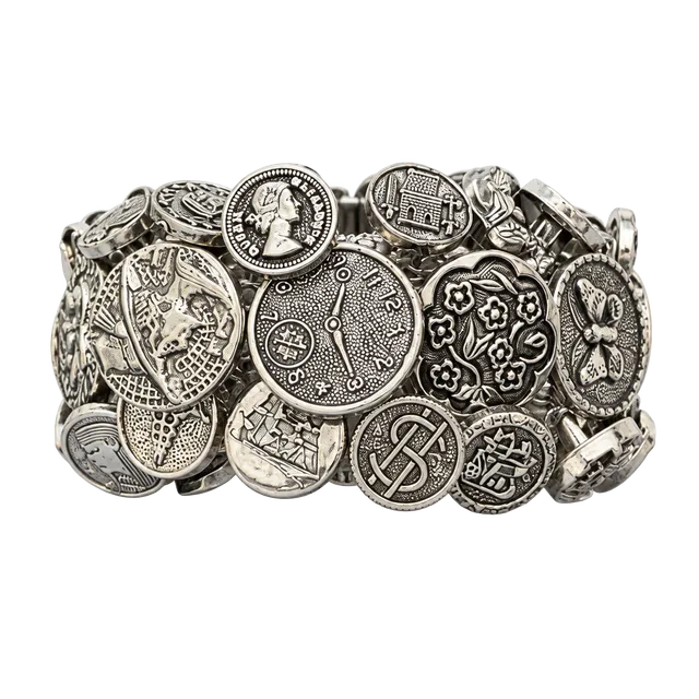 Vintage 1990s Unique Silver-Tone Assorted Coin and Button Statement Bracelet