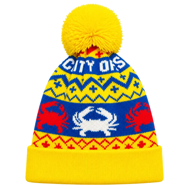 Maryland Crab Pom Beanie Hat Yellow Blue Red Fair Isle