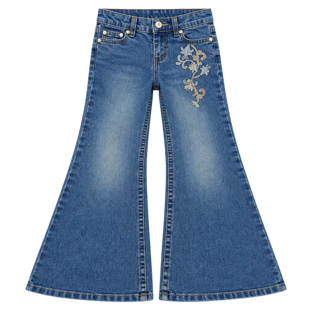 L.E.I. Gabby Lowrise Girls Flare Jeans Size 6 Embroidered Floral Denim