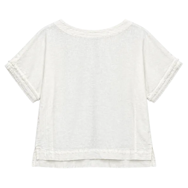 White Linen Boxy Blouse Short Sleeve Fringe Trim Relaxed Coastal Top