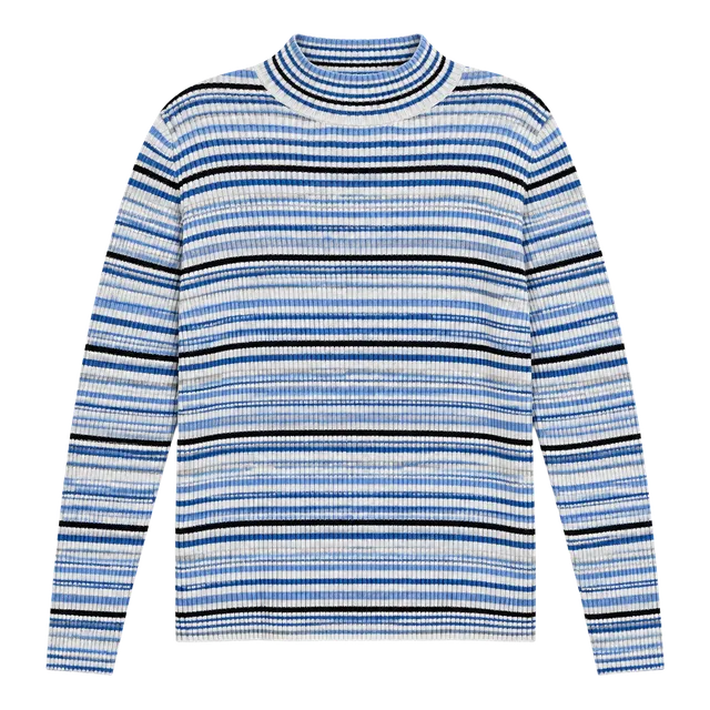 Studio Works Striped Ribbed Turtleneck Sweater Blue White