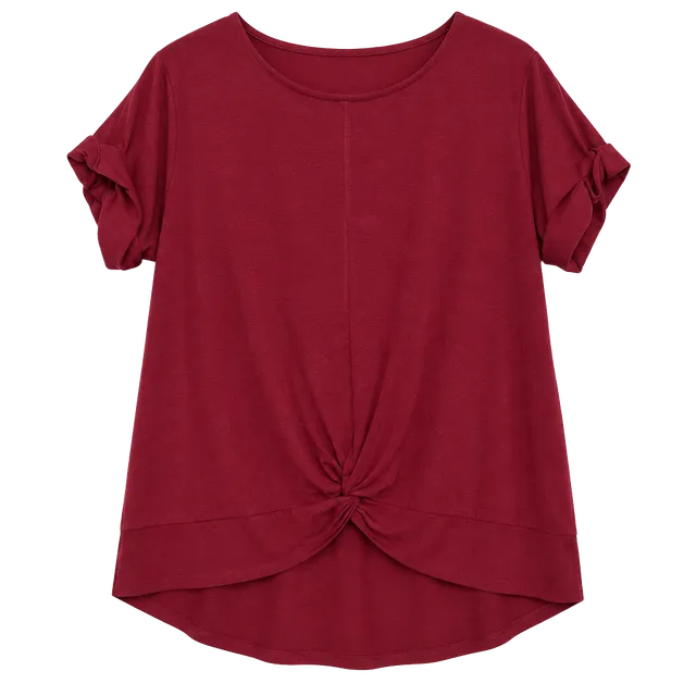 Zenana Top Size L Burgundy Knot Front Short Sleeve Shirt