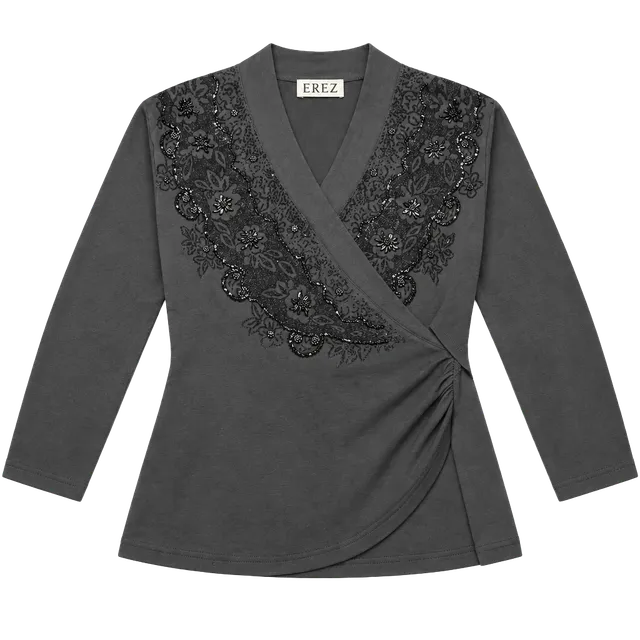 Erez Black Beaded Wrap Blouse