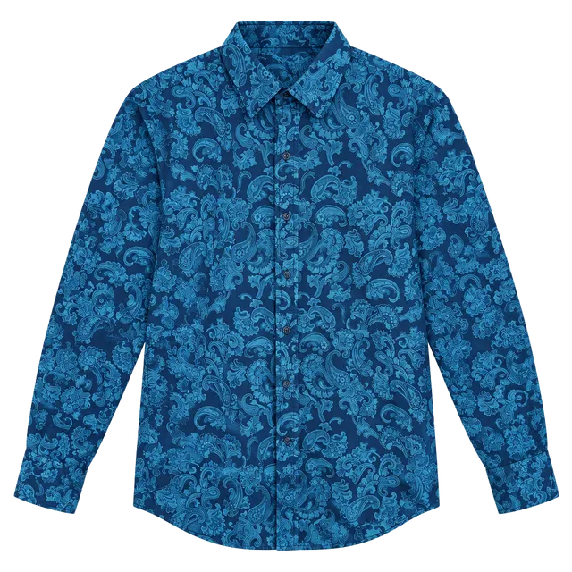 100% Cotton Tasso Elba  Blue Paisley Dress Shirt Size L 16-16.5