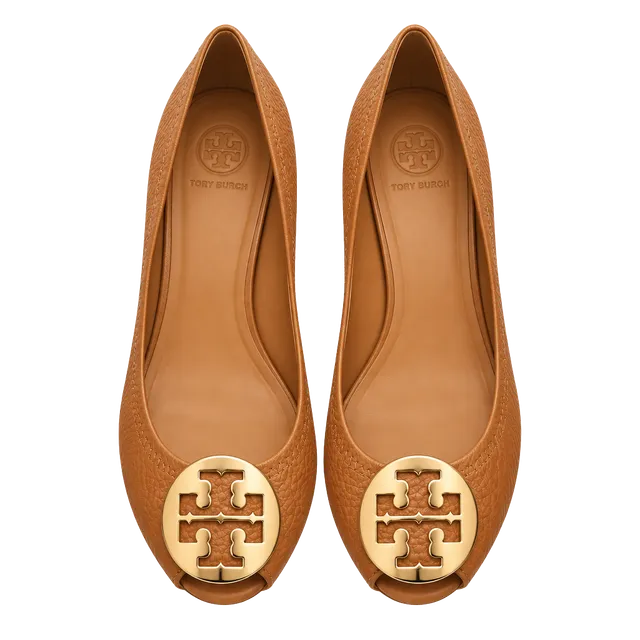Tory Burch Sally 2 Wedge Size 6M Brown Leather Peep-Toe Gold Logo