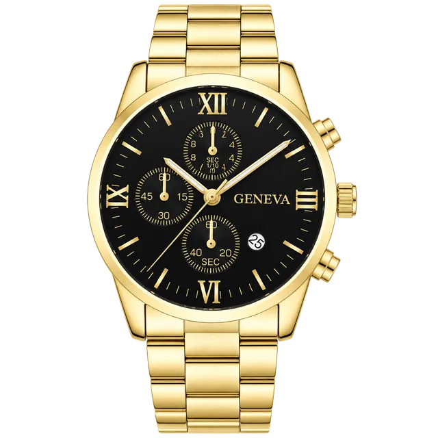 Geneva Gold Quartz Watch Black Dial Roman Numerals