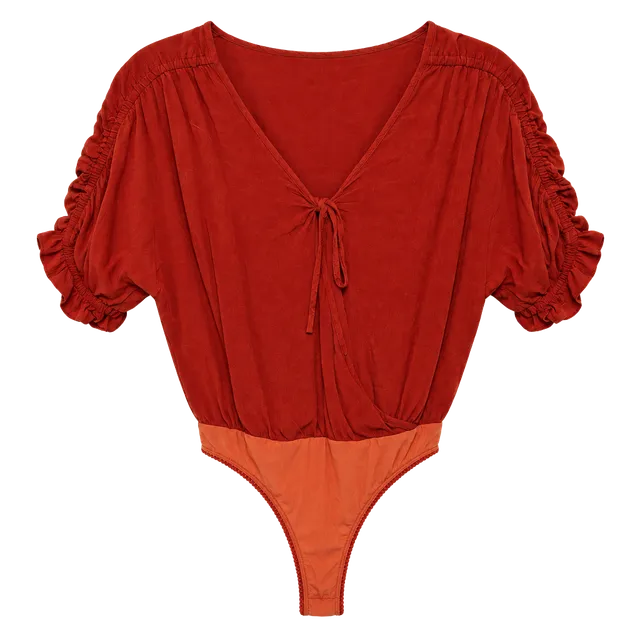 Free People Cleo Bodysuit Burnt Orange Short Sleeve Tie V-Neck