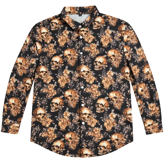 Unbranded Skull Floral Button-Up Shirt Size XL Black Brown
