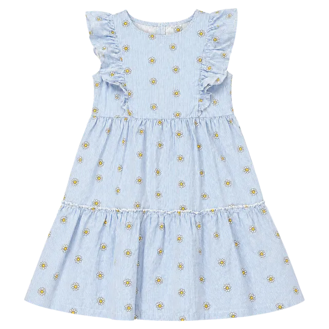 Lucky Penny Seersucker Dress Size 12 Blue White Daisy Ruffle Tiered