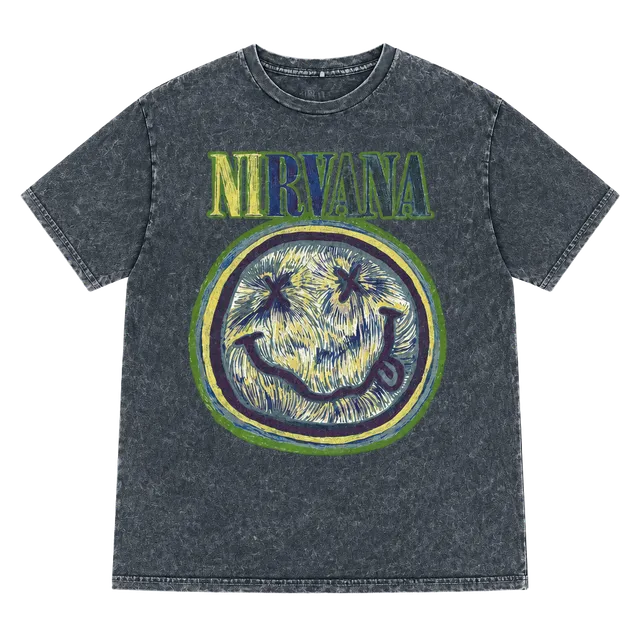 Nirvana Watercolor Smiley Face Acid Wash T-Shirt Size Large Grey