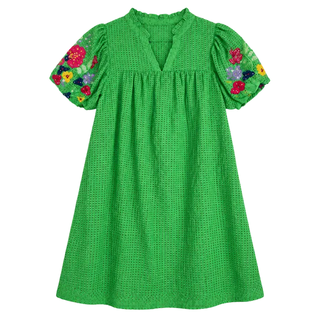 Umgee Embroidered Floral Tunic Dress Size S Green Short Sleeve