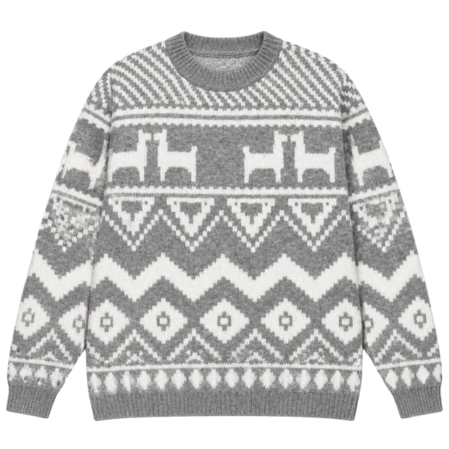 H&M Llama Jacquard Knit Sweater Gray White