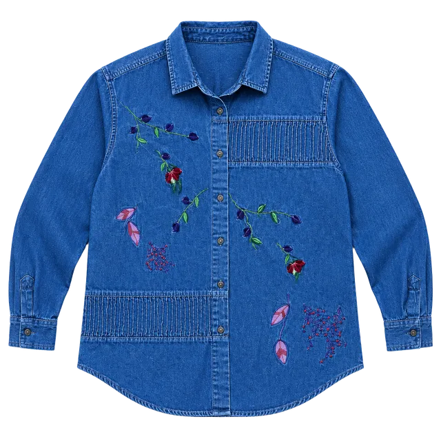 Bobbie Brooks Embroidered Denim Shirt Size Medium 8/10 Long Sleeve y2k