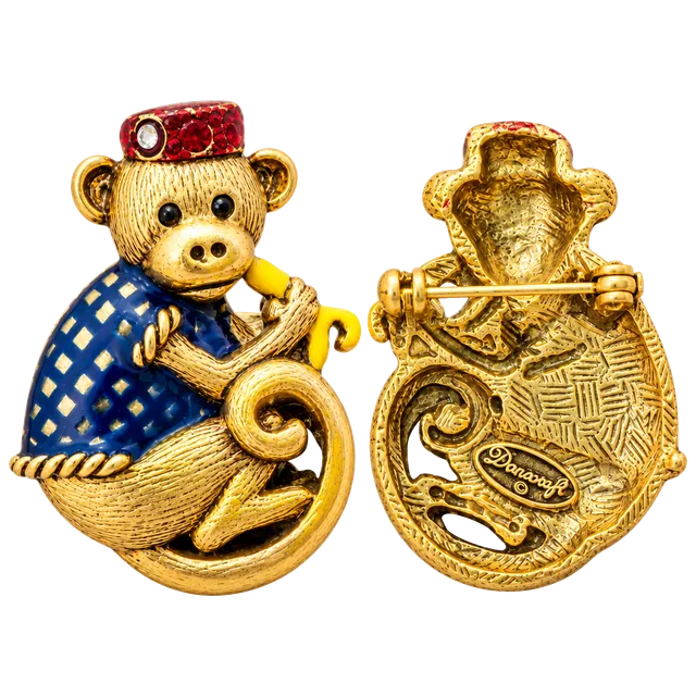 Danecraft Vintage Monkey Pin Brooch Eating Banana Gold NOS Signed 1980s