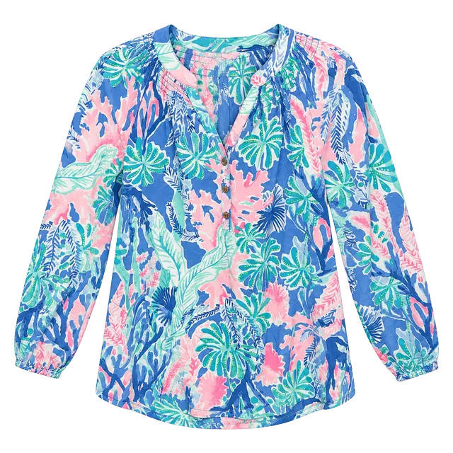 Lilly Pulitzer Silk Blouse Size S Blue Floral Long Sleeve