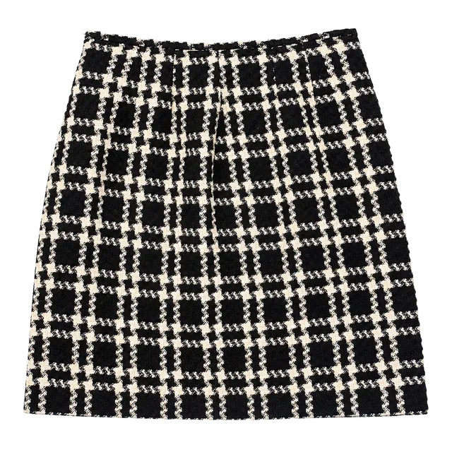 Vintage Amanda Smith Wool Blend Plaid Pencil Skirt Size 6 Black Cream Tweed