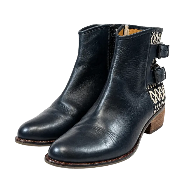 Latigo Women's Isley Ankle Boots Size 8.5 M Boho Western Americana Heritage Indie Vanguard Navy Leather Aztec Woven Double Buckle Side Zip Stacked Heel