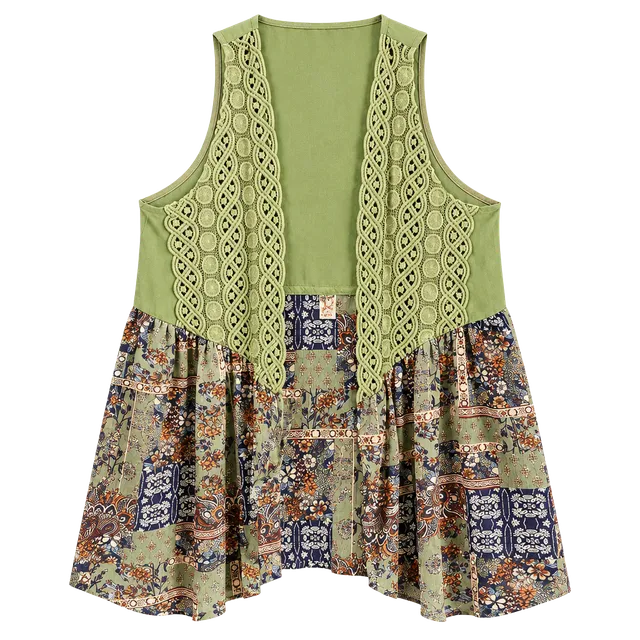 Self Esteem Vest Size Large Green Boho Crochet Open Front Floral 003-176