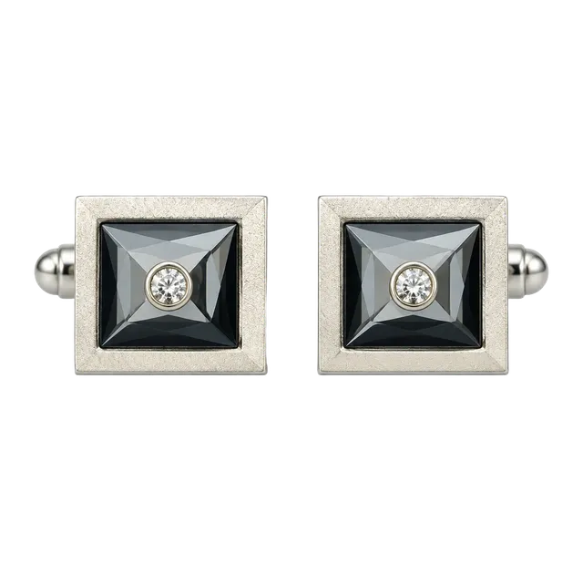 Vintage Silver Tone Black Faceted Crystal Square Cufflinks