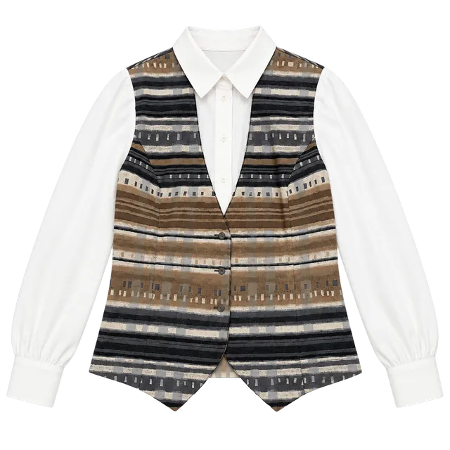 Alia Petites Blouse Size S Mock Vest Layered Stripe Shirt Brown White