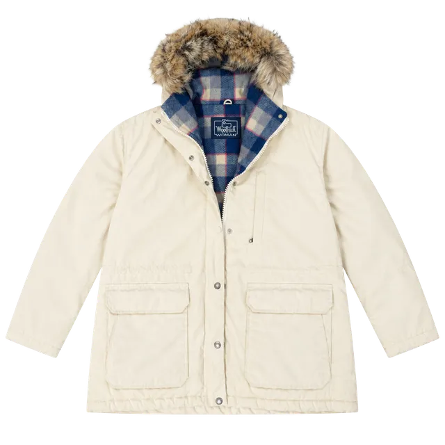 The Woolrich Woman Winter Jacket Size L/Xl Cream Faux Fur Hood Plaid Lined 