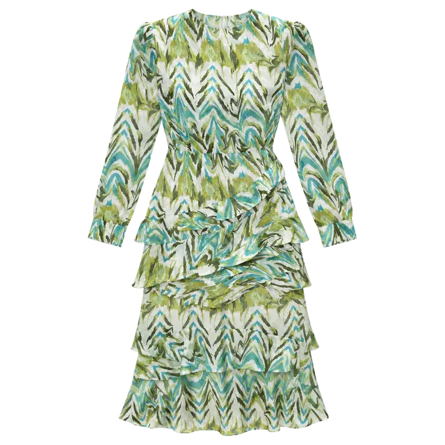 Eshet Chayil Long Sleeve Maxi Dress Size S Green Blue Abstract Print Ruffle