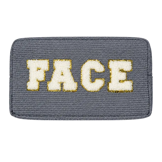 Face Corduroy Makeup Pouch Gray Gold Letters