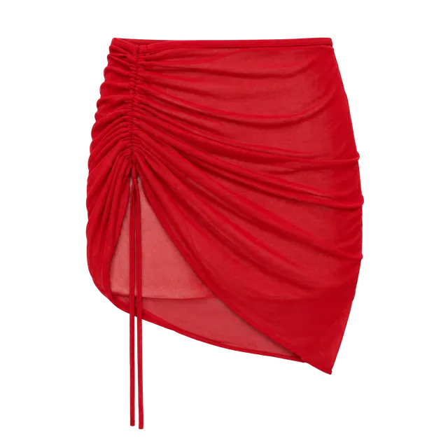 Red Mesh Drawstring Ruched Skirt