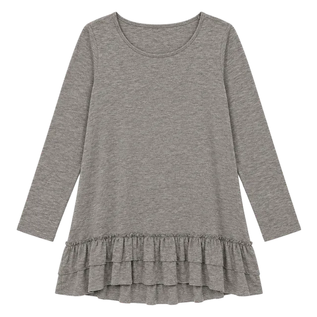 Easel Ruffle Hem Tunic Long Sleeve Top Gray