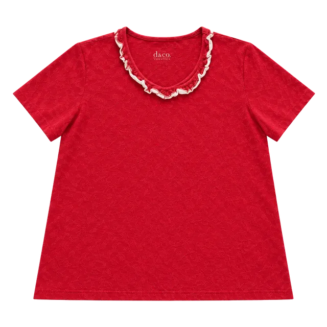 Denim & Company Ruffle Trim T-Shirt Size L Red Short Sleeve Cotton