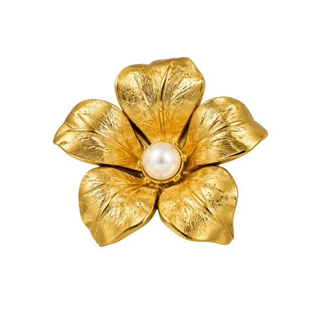 Vintage Gold Tone Flower Clip On Earrings Faux Pearl Center