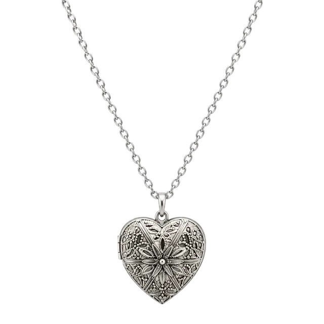 Upcycled Stainless Steel Silver Tone Filigree Heart Locket Necklace